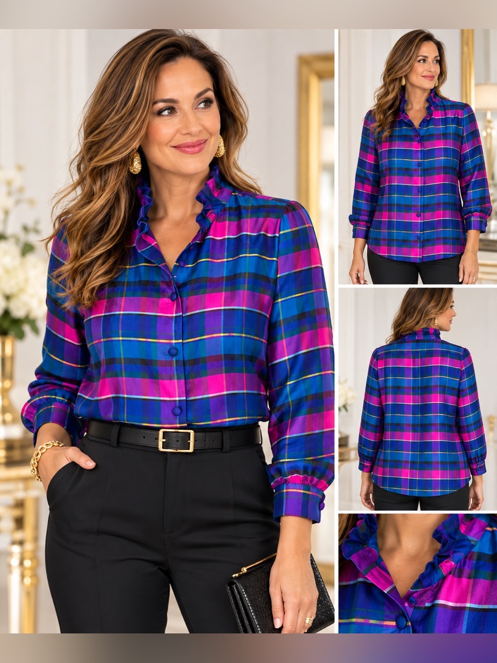 Patty Kim 100% Silk Plaid Blouse M Jewel Tone Ruffle Collar Button Front Dressy